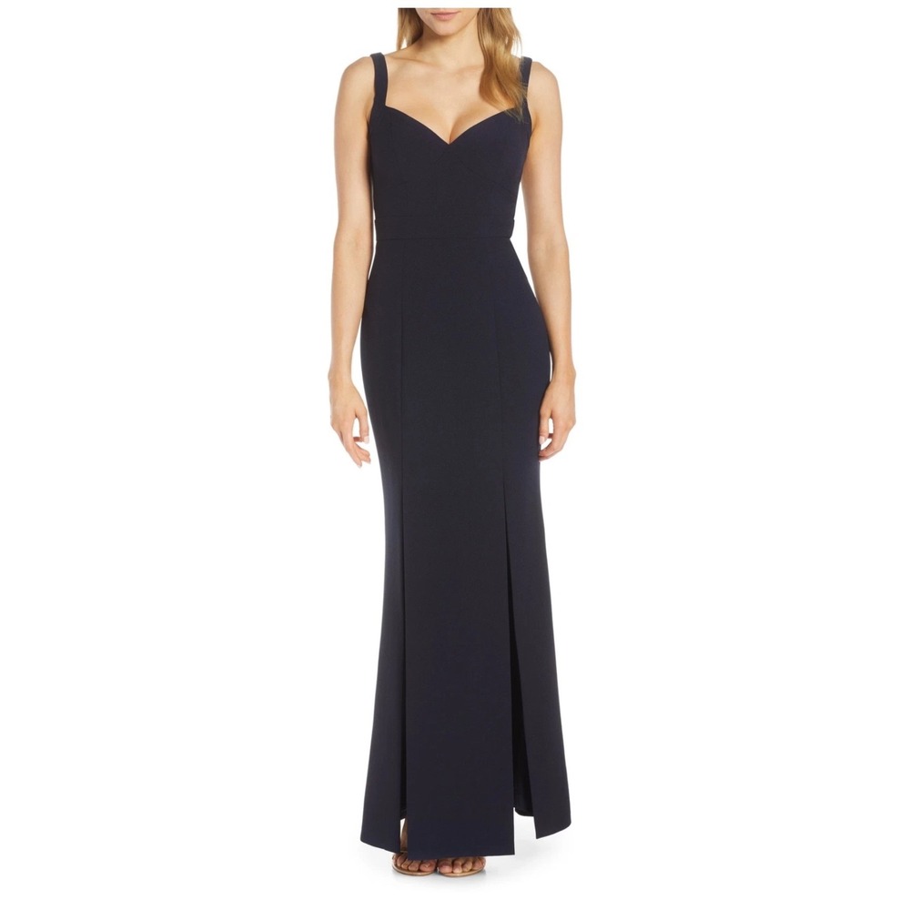 Eliza J Gown Dress Maxi Crepe Double Slit Prom Wedding Formal‎ Navy Blue 10